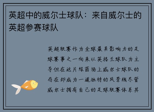 英超中的威尔士球队：来自威尔士的英超参赛球队